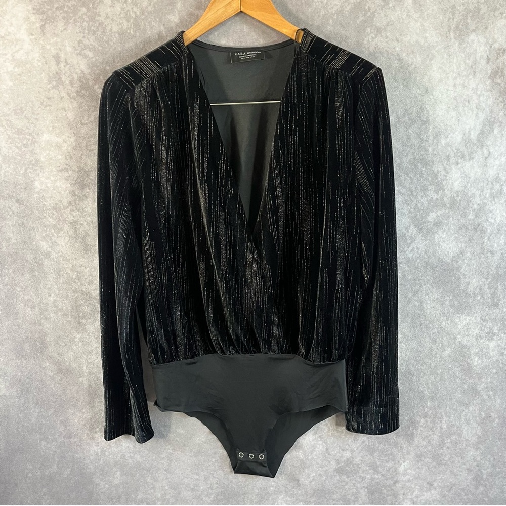 Zara Accessories Bodysuit Womens Medium M Black Velvet Gold Glitter Plunge Neck